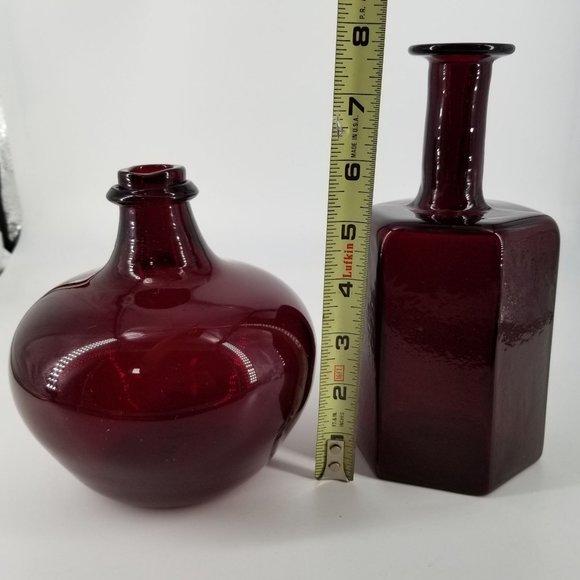 Hand Blown Glass Vase Red Ruby Studio Art Heavy Bud Vase Jug Pair Biomorphic MCM - Picture 11 of 13